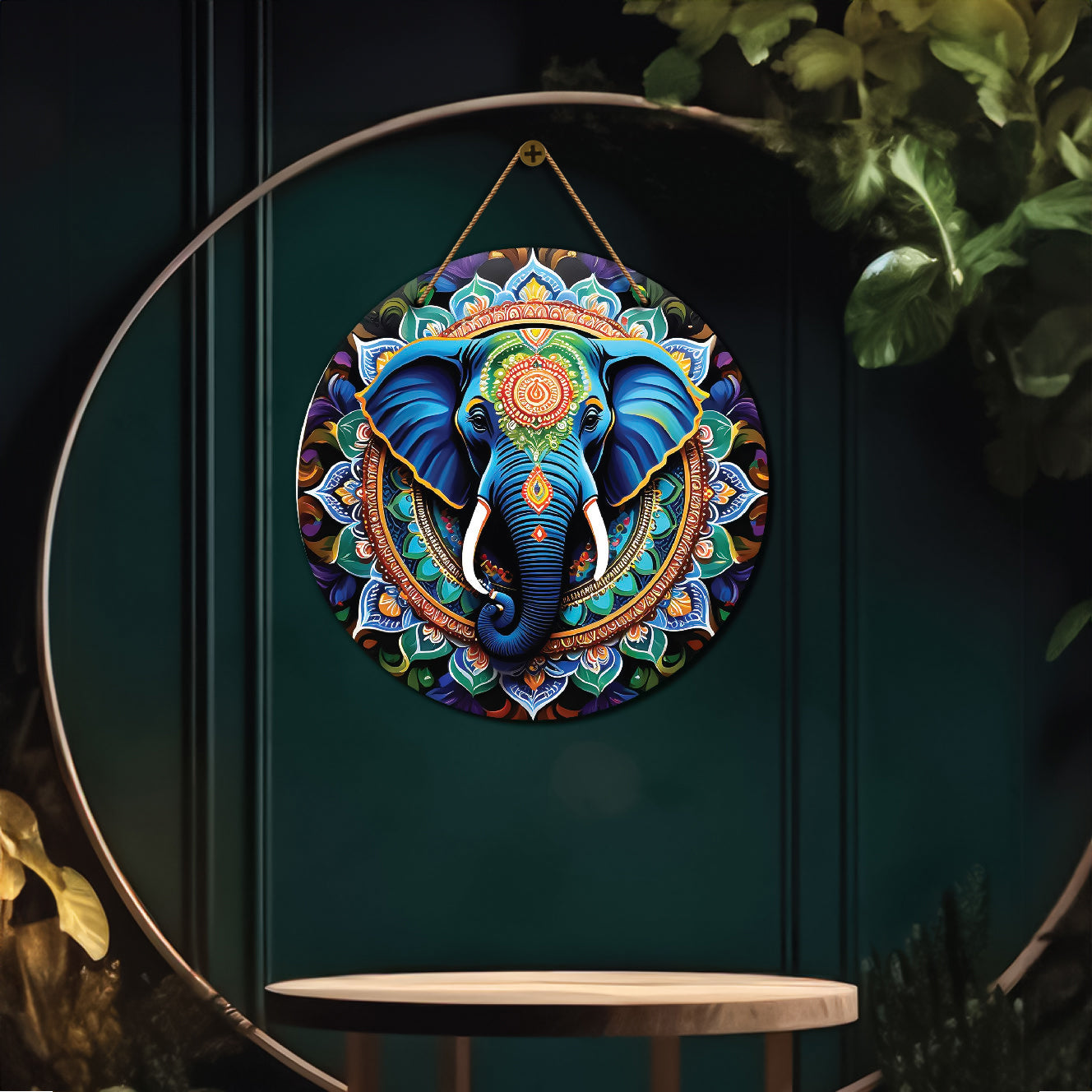 Elephant in green and blue mandala Round Wooden Wall Hanging for wall Décor - Design - 268