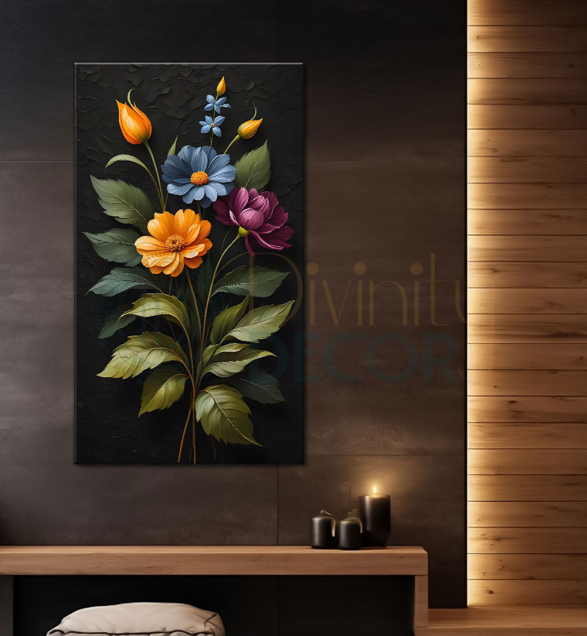 Colourful flowers with leaves in dark textured background painting- Flower-V-269
