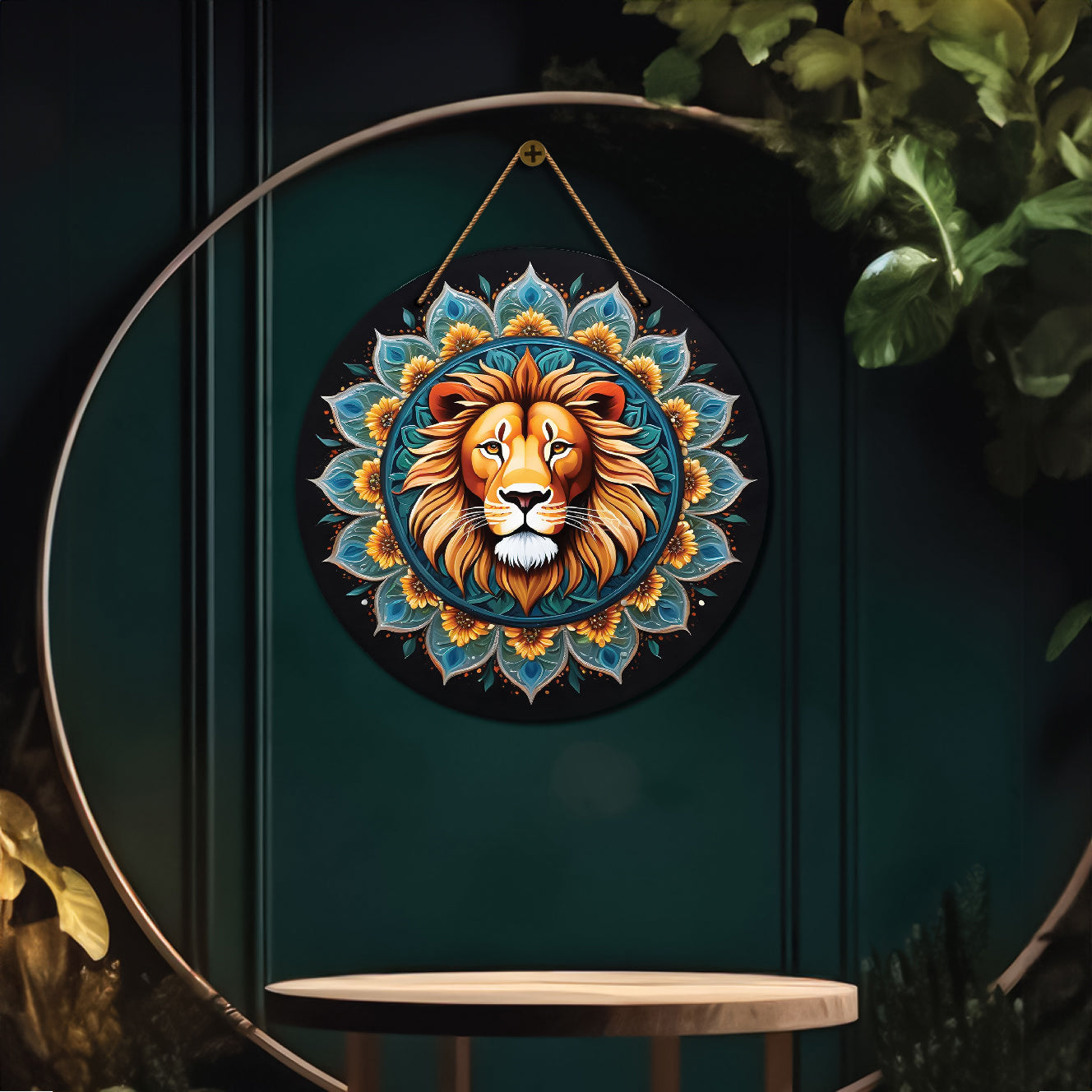 Lion in green and golden mandala Round Wooden Wall Hanging for wall Décor - Design - 269