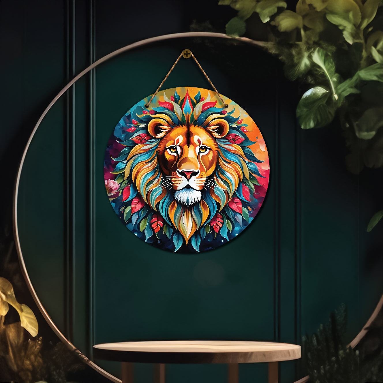 Lion in colourful mandala Round Wooden Wall Hanging for wall Décor - Design - 270