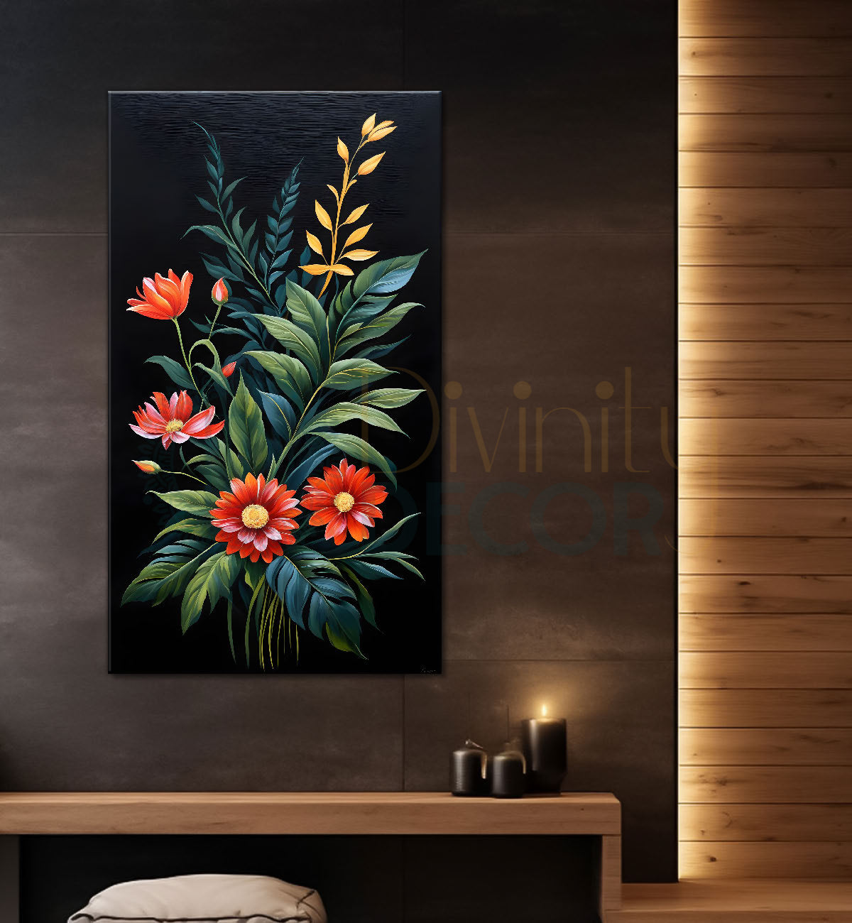 Red flowers with leaves in dark textured background painting- Flower-V-271