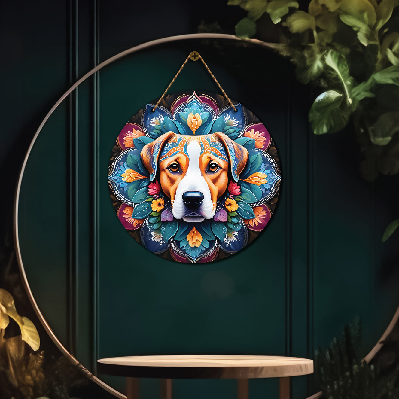 Dog in blue and floral mandala Round Wooden Wall Hanging for wall Décor - Design - 271