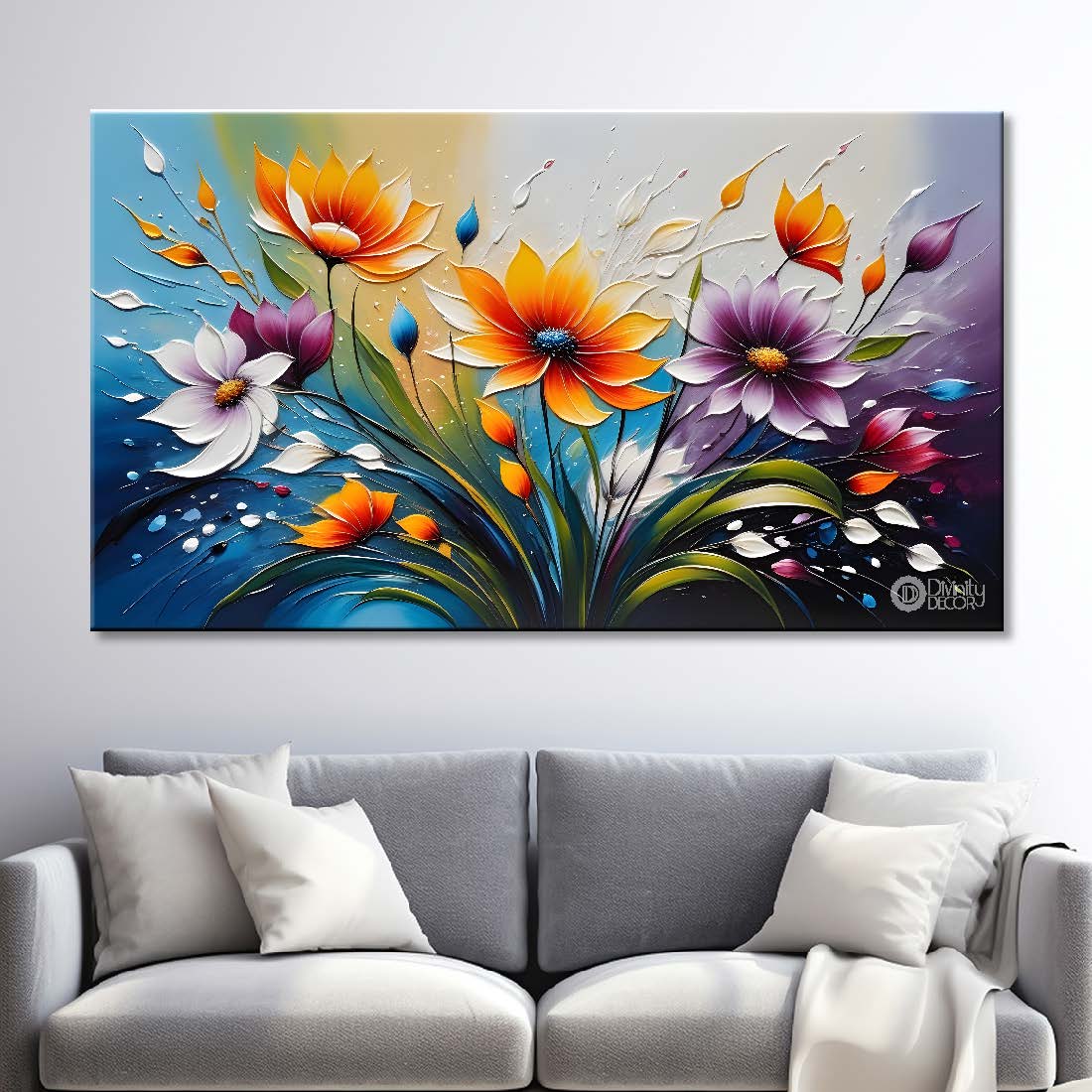 Orange and purple flowers in blue background- Flower-272