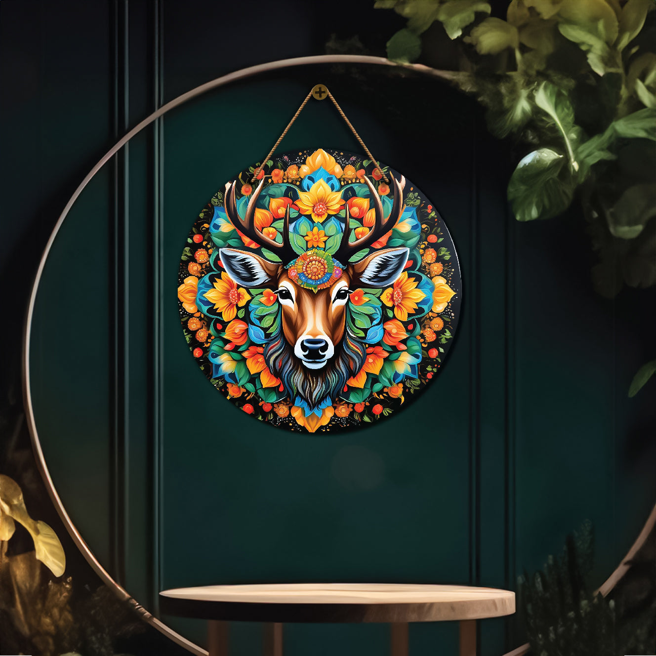 Deer in green and orange mandala Round Wooden Wall Hanging for wall Décor - Design - 273