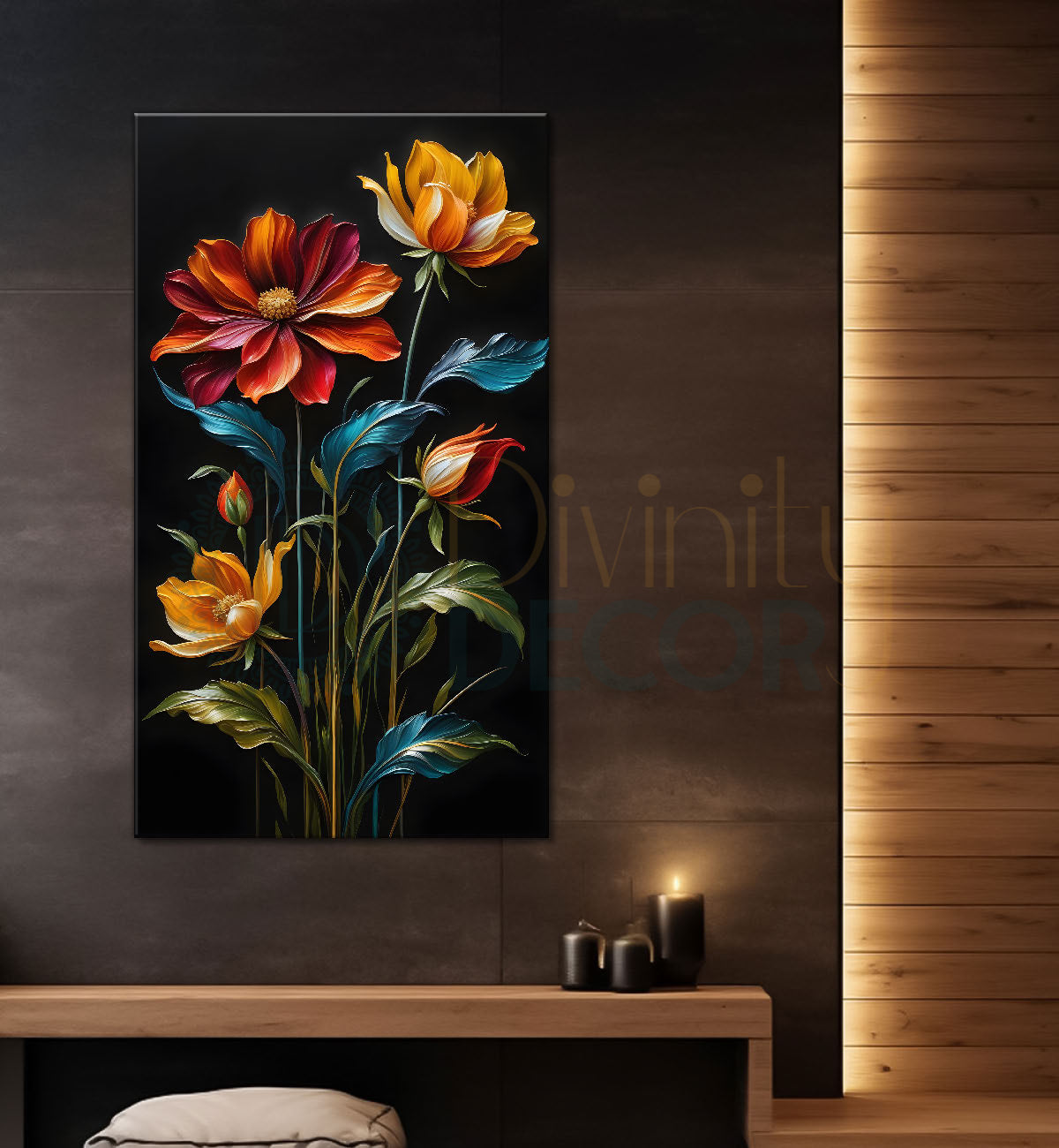 Colourful flowers with leaves in dark textured background painting- Flower-V-273