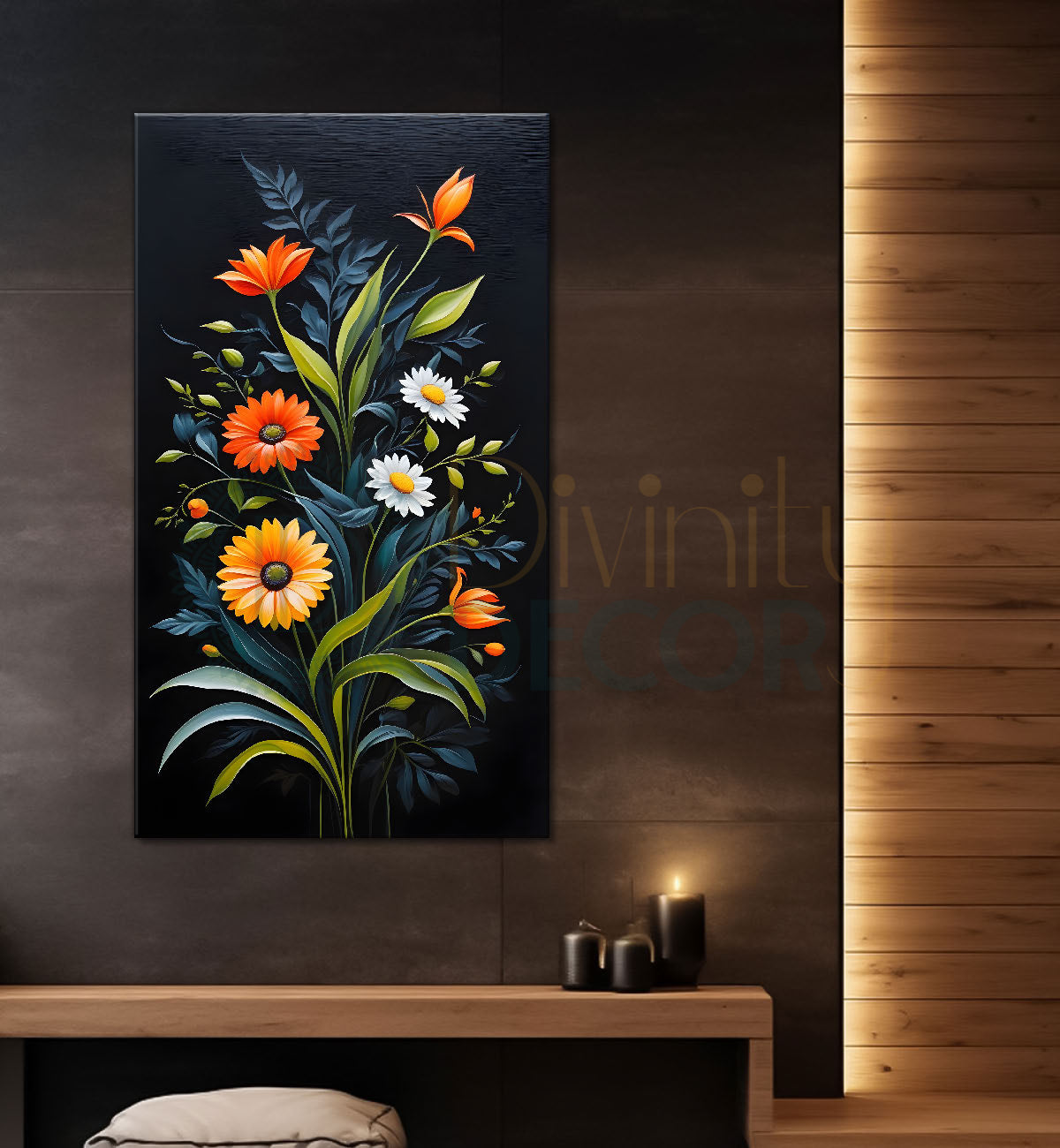Colourful flowers with leaves in dark textured background painting- Flower-V-274