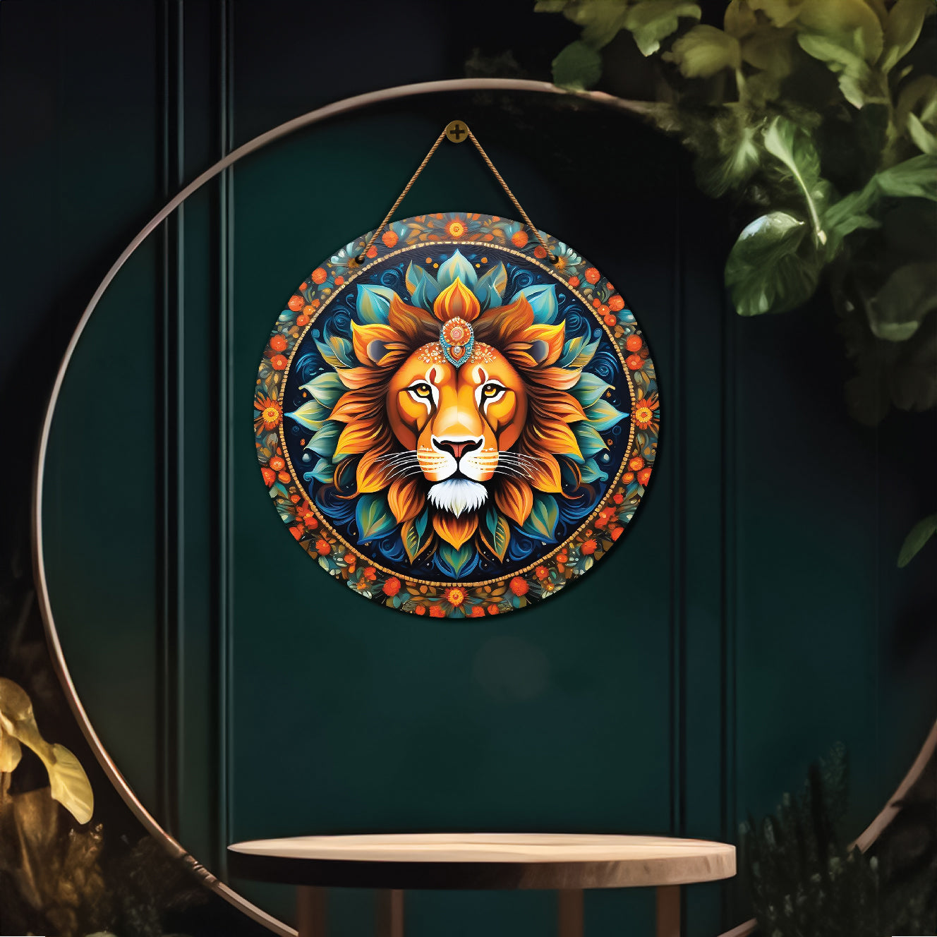 Lion in green and orange mandala Round Wooden Wall Hanging for wall Décor - Design - 274
