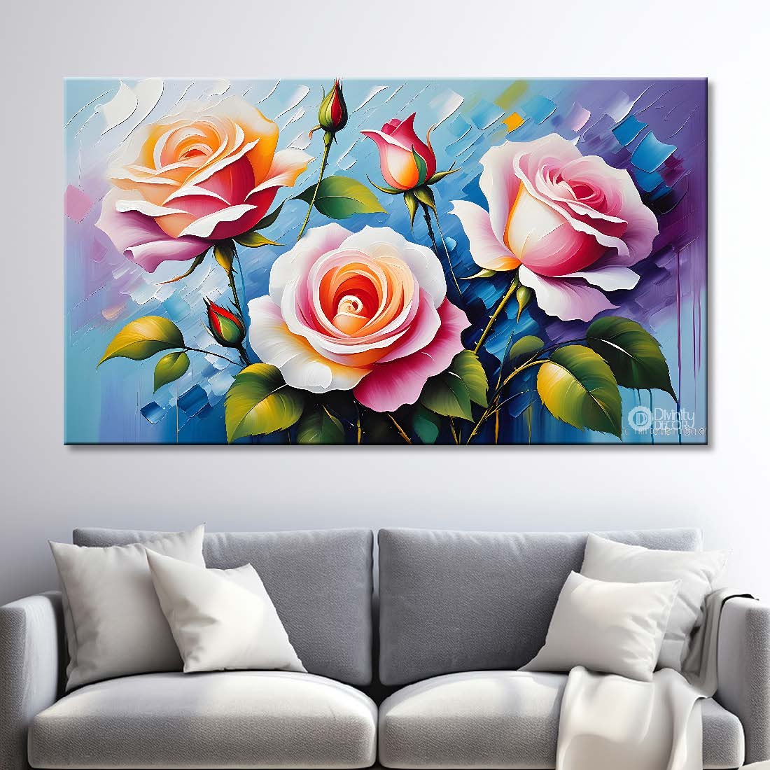 Pink roses with blue textured background painting- Flower-275