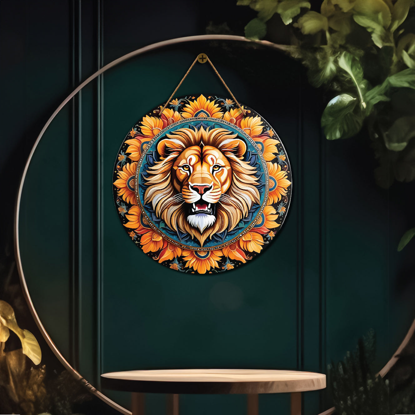 Lion in green and orange mandala Round Wooden Wall Hanging for wall Décor - Design - 275