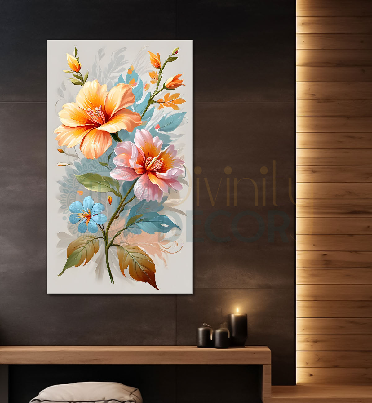 Orange and pink flowers in grey textured background painting- Flower-V-275