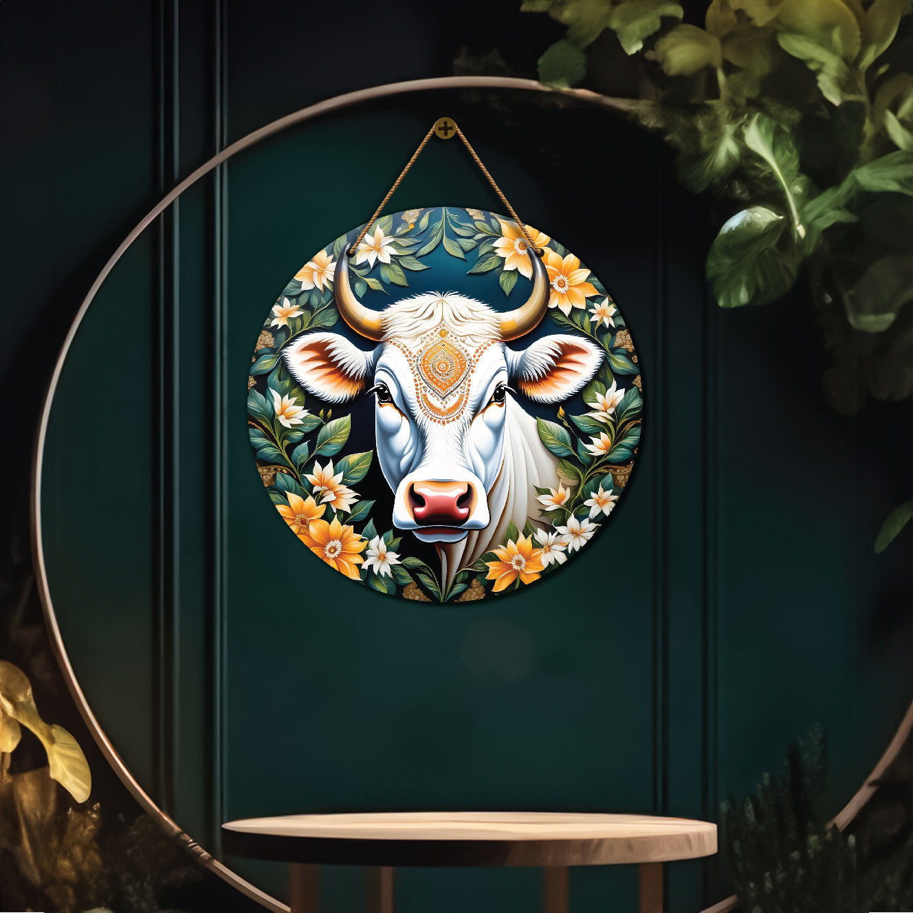 Cow in green and floral mandala Round Wooden Wall Hanging for wall Décor - Design - 276