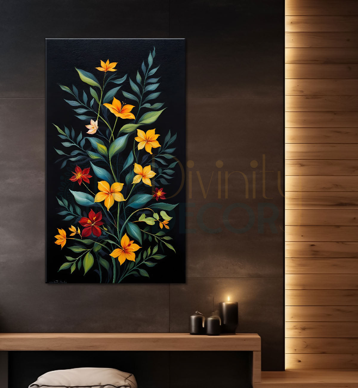 Colourful flowers with leaves in dark textured background painting- Flower-V-276