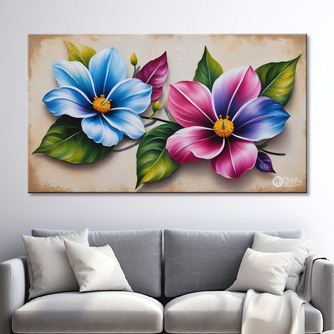Pink and blue flowers in light background canvas painting- Flower-277