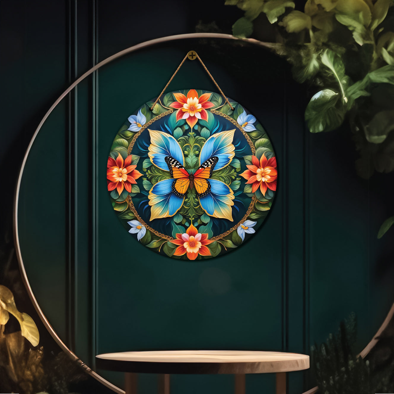Butterfly in green and red mandala Round Wooden Wall Hanging for wall Décor - Design - 277