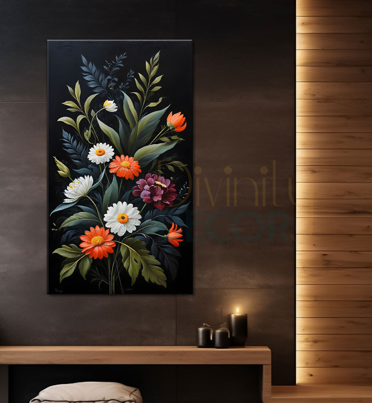 Colourful flowers with leaves in dark textured background painting- Flower-V-277