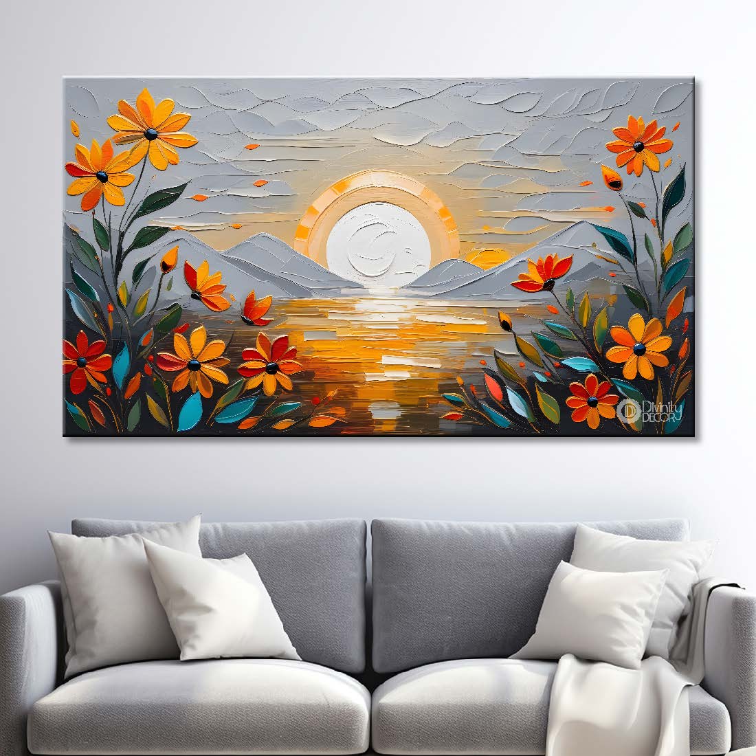 Orange flowers with the sunrise background canvas painting- Flower-278