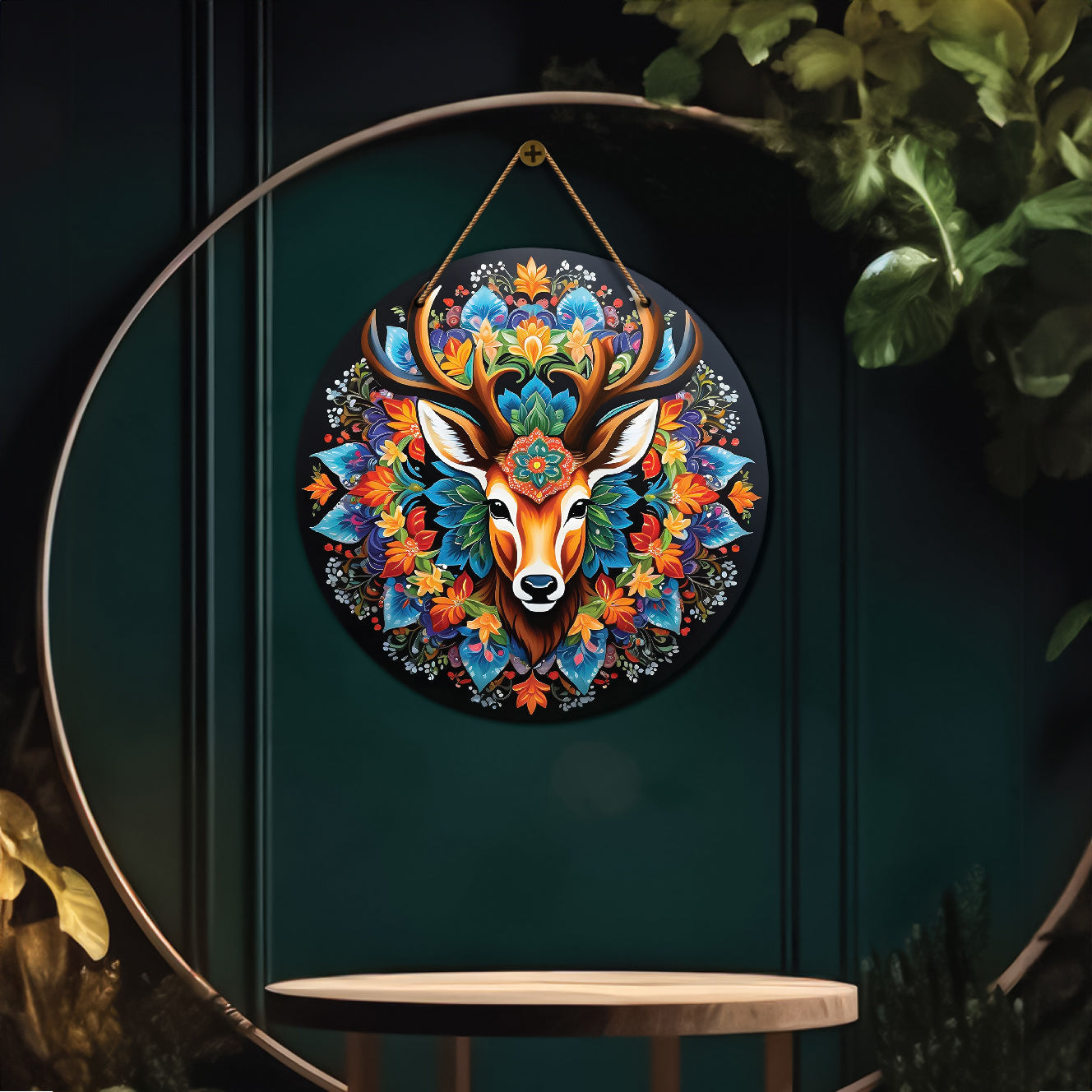 Deer in blue and orange mandala Round Wooden Wall Hanging for wall Décor - Design - 278