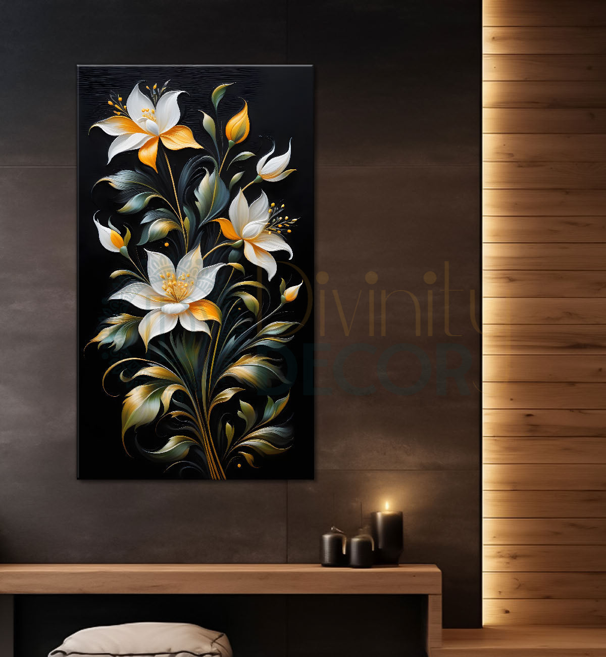 White flowers with leaves in dark textured background painting- Flower-V-278