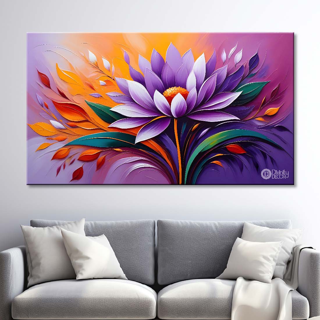Purple flower with orange background canvas painting- Flower-279