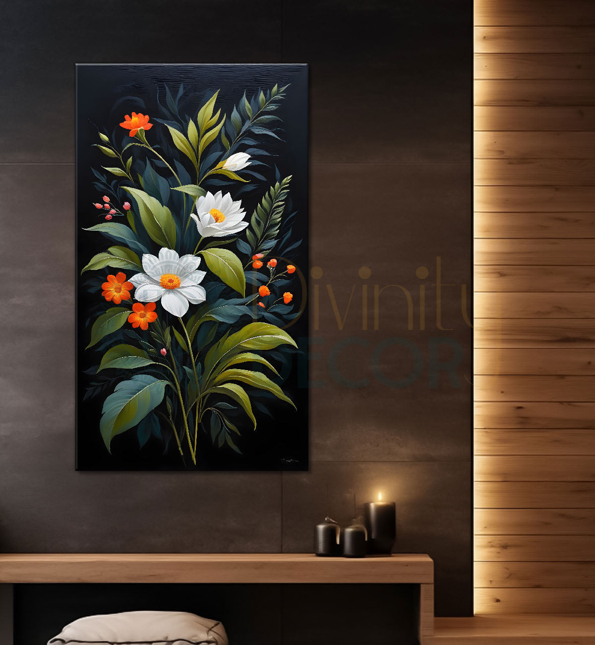 White flowers with leaves in dark textured background painting- Flower-V-279