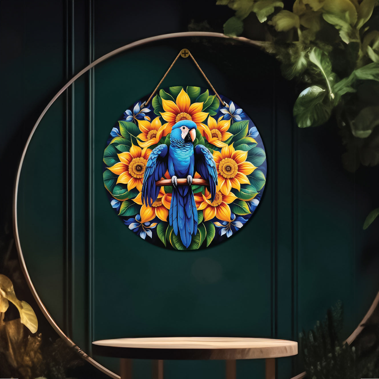 Parrot in green and floral mandala Round Wooden Wall Hanging for wall Décor - Design - 279