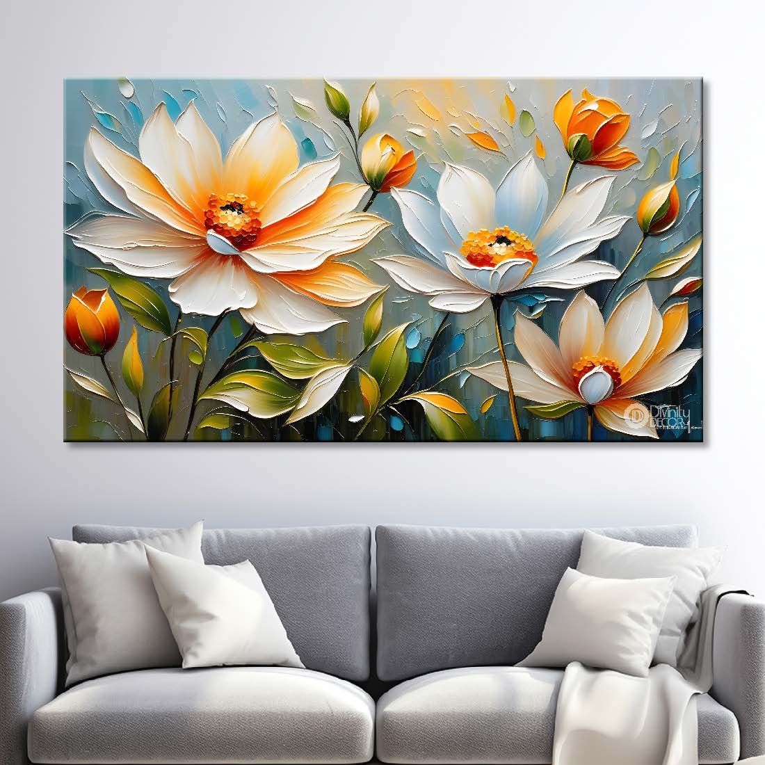 White flowers in blue background canvas painting- Flower-280