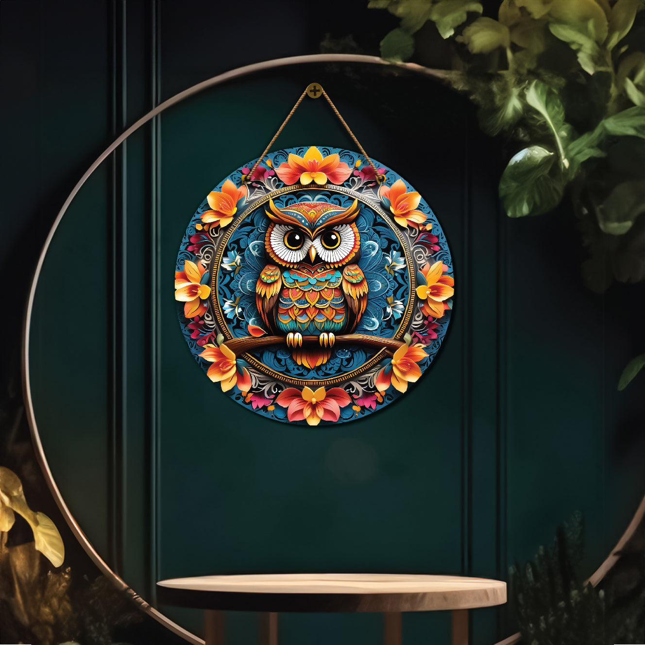 Owl in orange and blue mandala Round Wooden Wall Hanging for wall Décor - Design - 280