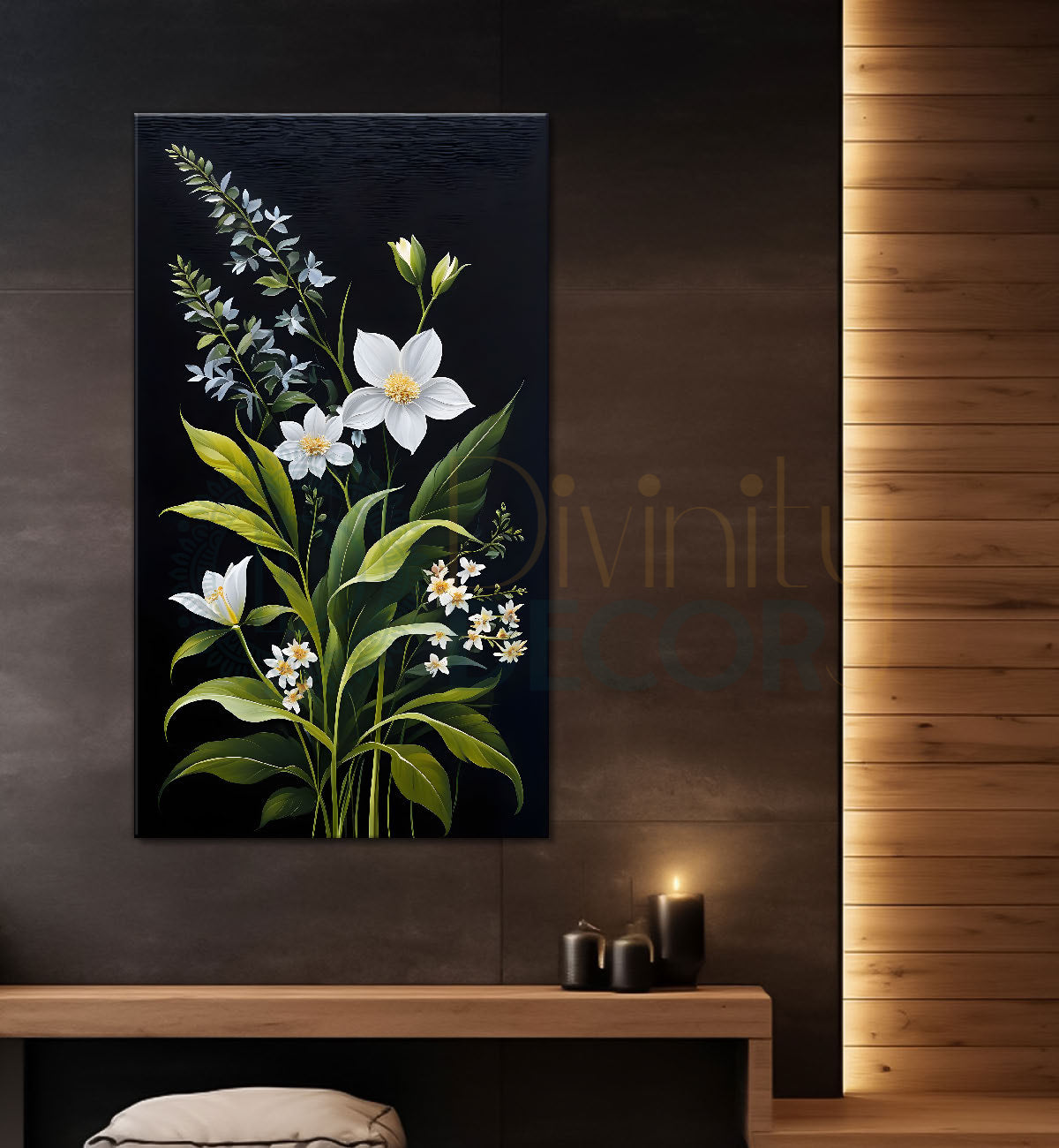 White flowers with leaves in dark textured background painting- Flower-V-280