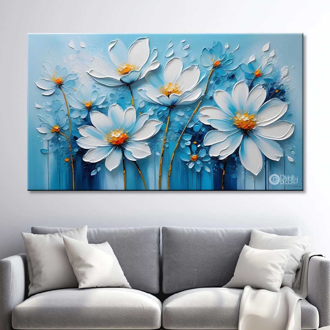 White flowers in blue background canvas painting- Flower-281