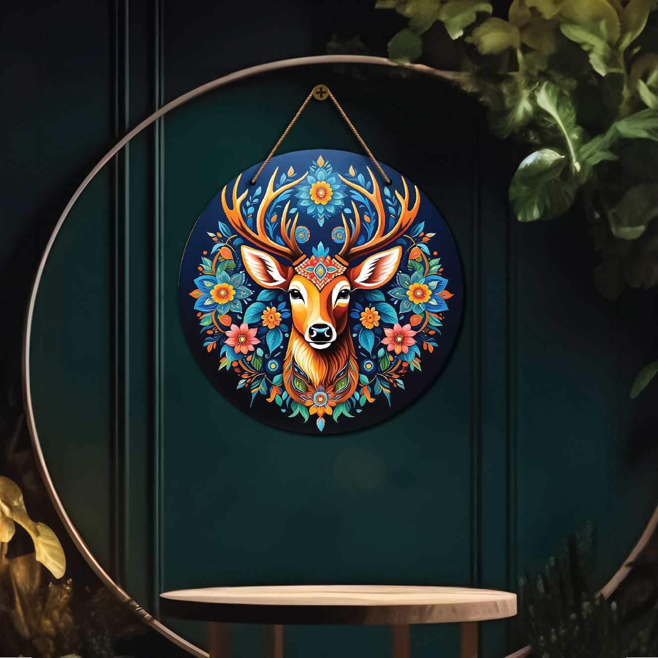 Deer in blue and yellow mandala Round Wooden Wall Hanging for wall Décor - Design - 281