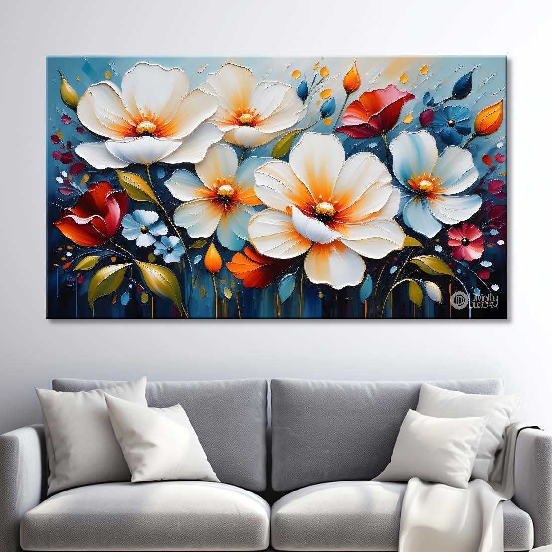 White flowers in blue background canvas painting- Flower-282