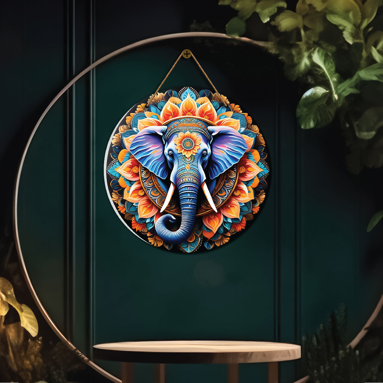 Elephant in green and yellow mandala Round Wooden Wall Hanging for wall Décor - Design - 282