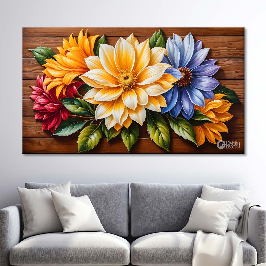 Colorful flowers in brown background canvas painting- Flower-283