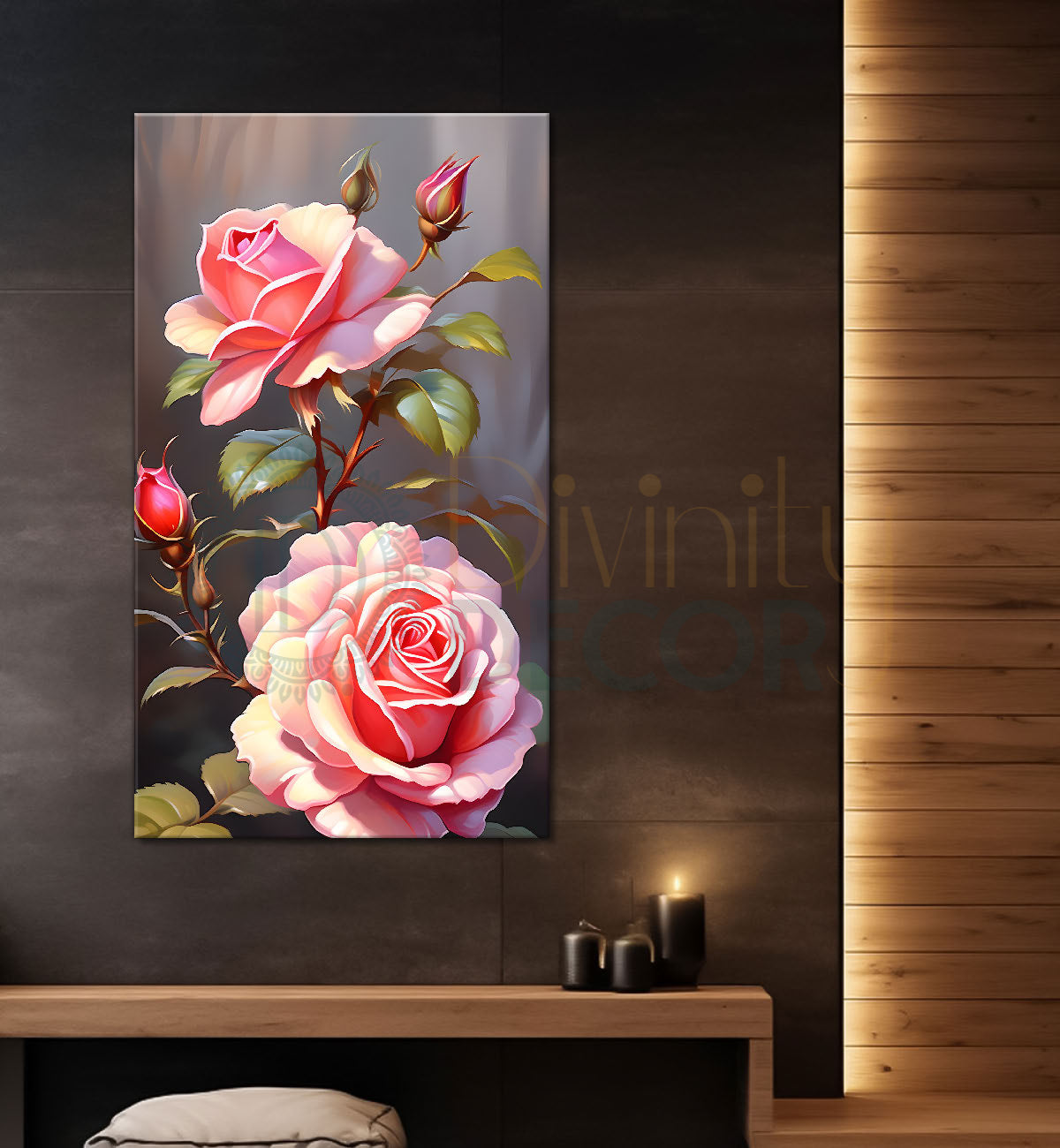 Pink flowers with grey textured background painting- Flower-V-283