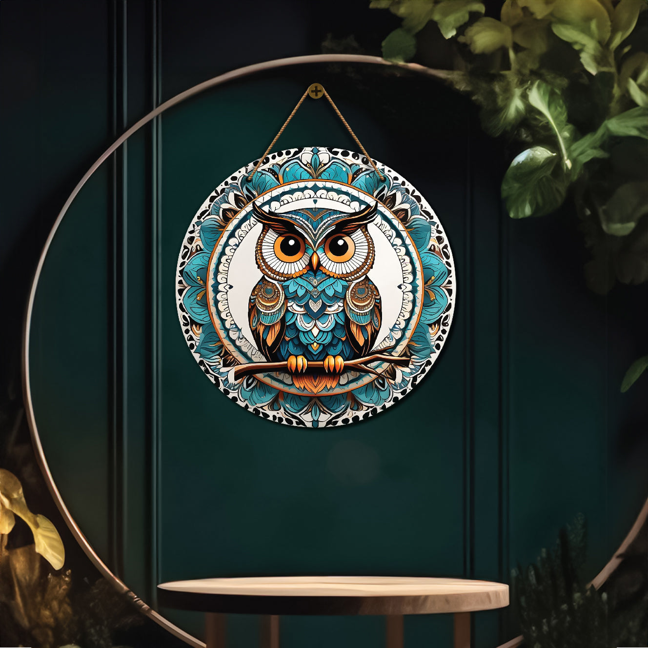 Owl in green and white mandala Round Wooden Wall Hanging for wall Décor - Design - 283