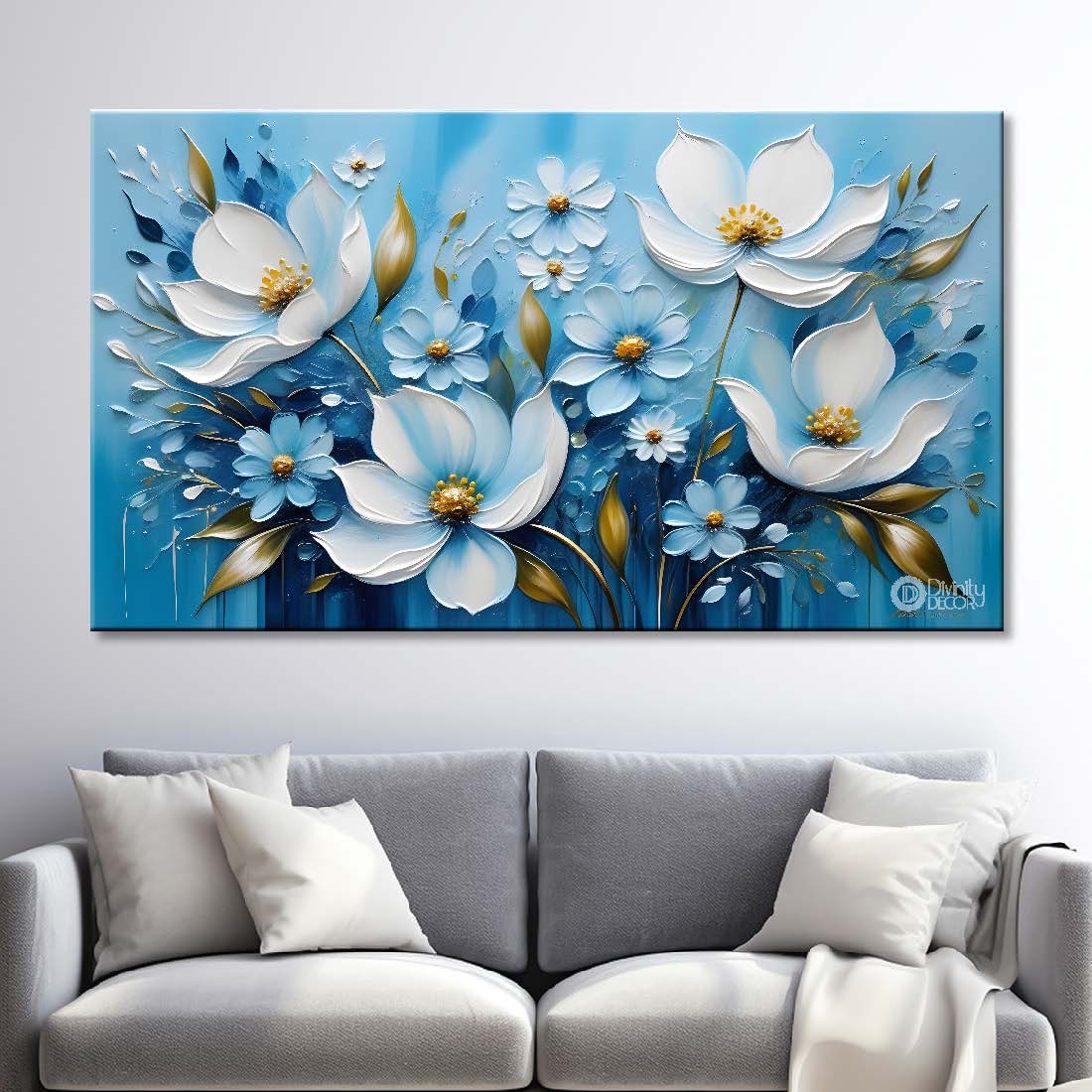 White flowers in blue background canvas painting- Flower-284