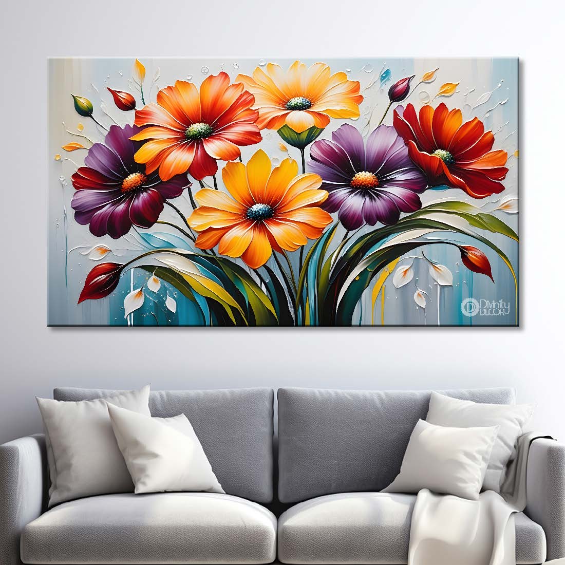 Colorful flowers in blue background canvas painting- Flower-285