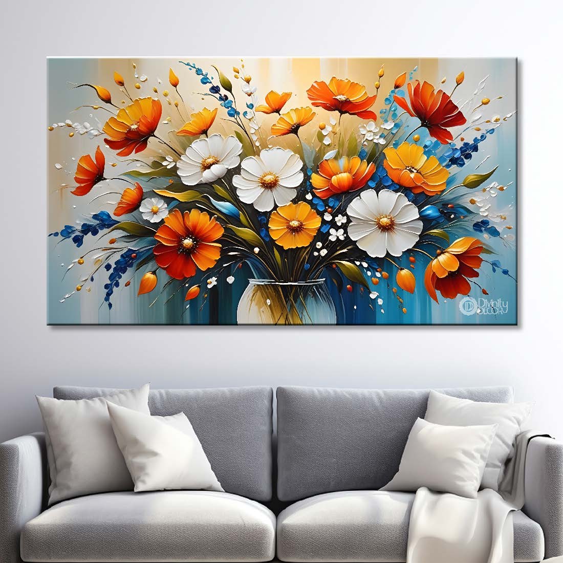Colorful flowers in blue background canvas painting- Flower-286