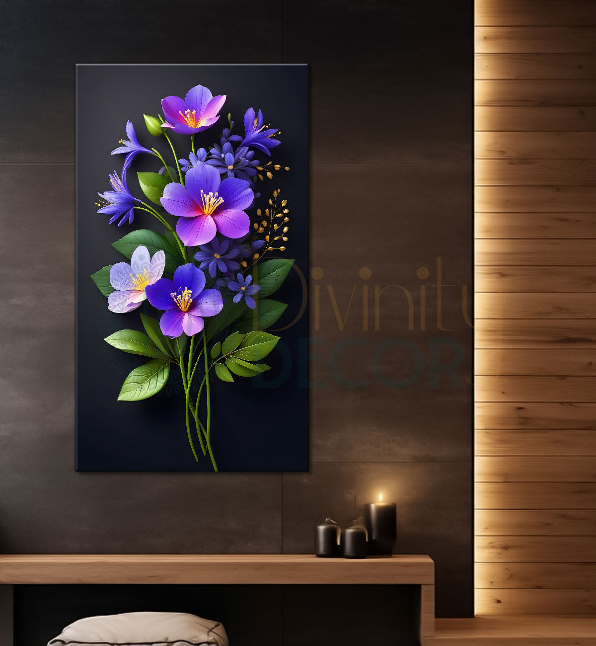 Purple flowers in dark textured background painting- Flower-V-286