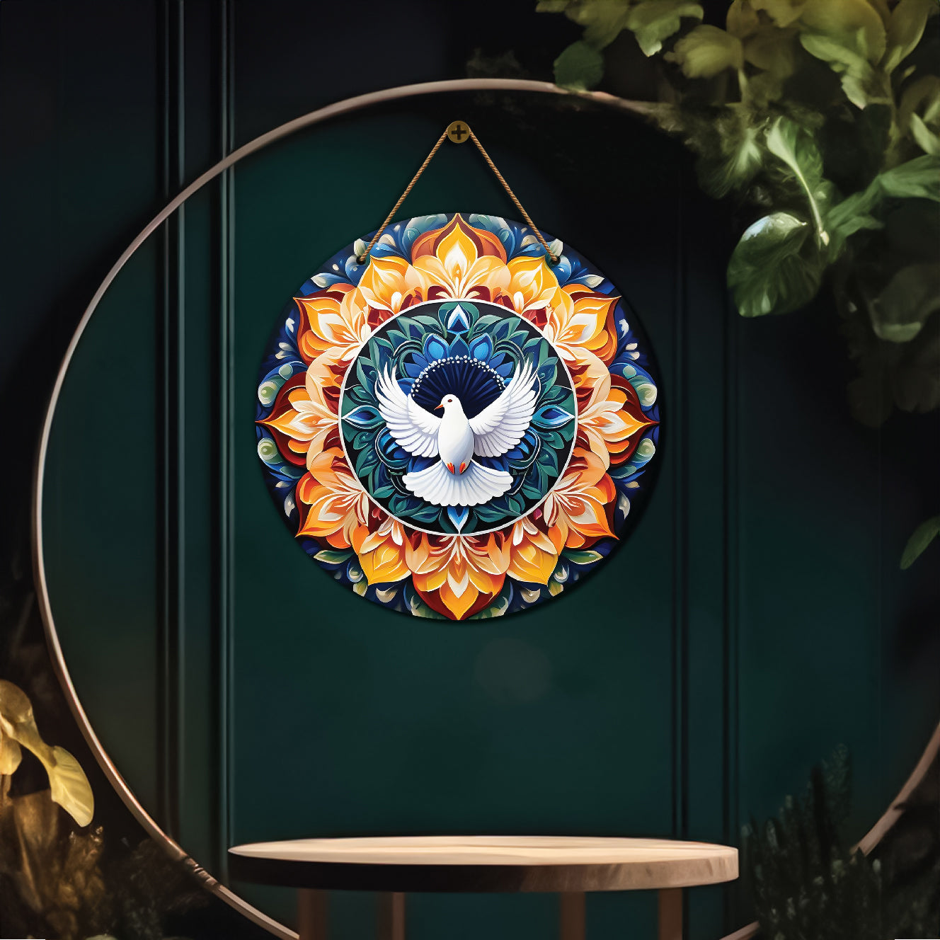 Pigeon in blue and yellow mandala Round Wooden Wall Hanging for wall Décor - Design - 286