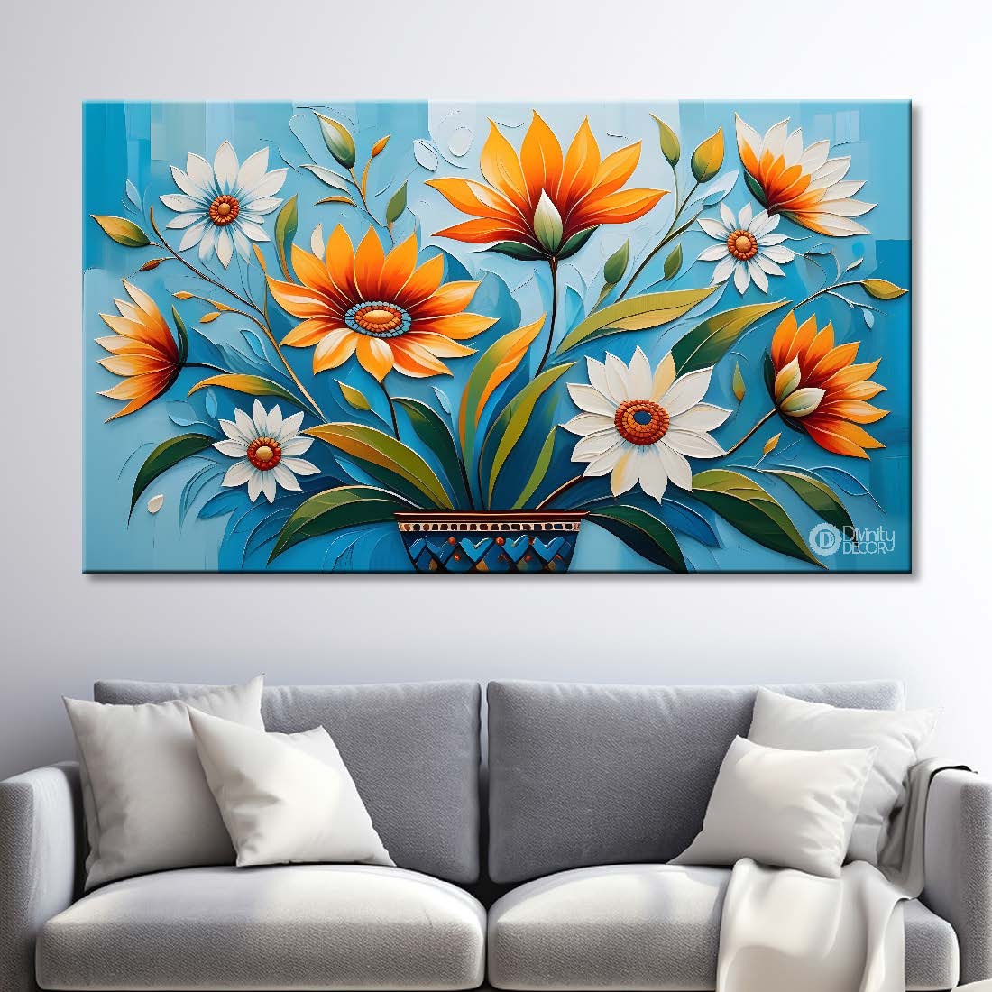 Colorful flowers in blue background canvas painting- Flower-287
