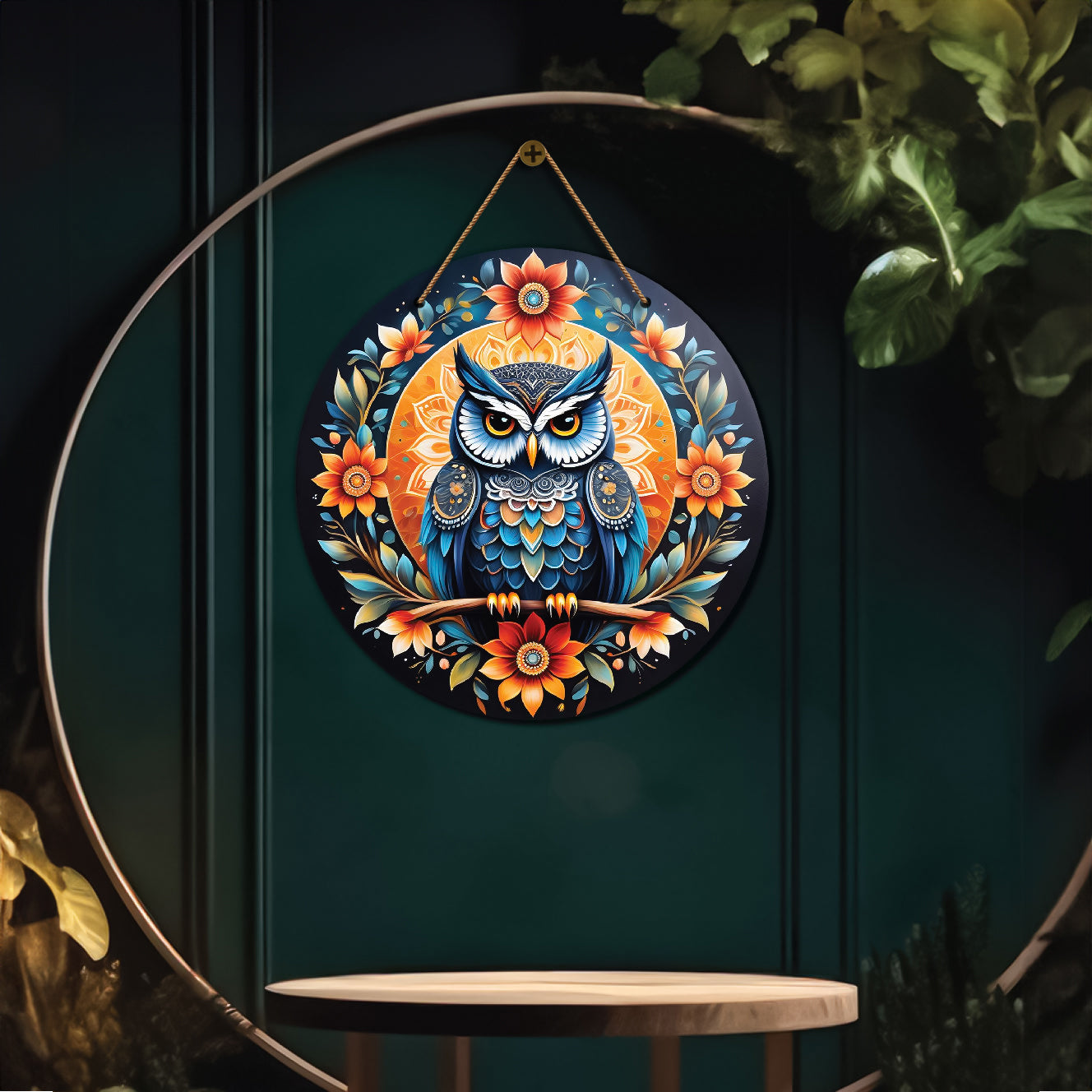 Owl in blue and orange mandala Round Wooden Wall Hanging for wall Décor - Design - 287
