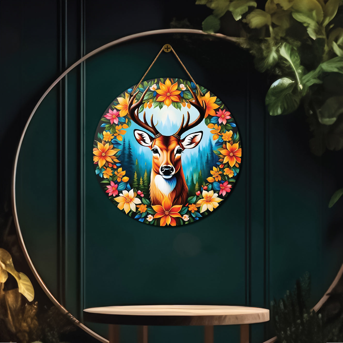 Deer in blue and floral mandala Round Wooden Wall Hanging for wall Décor - Design - 288