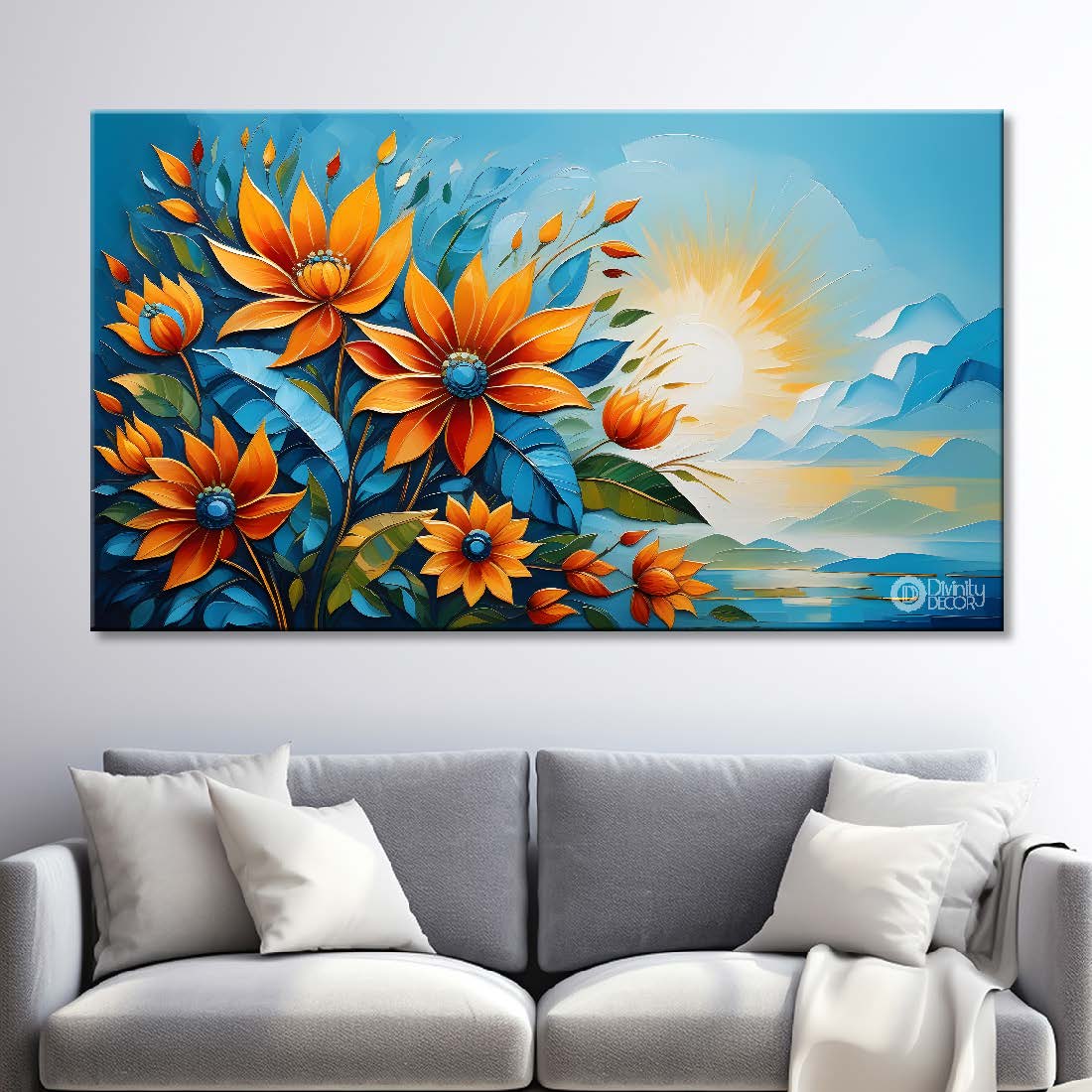 Orange flowers in sunrise background canvas painting- Flower-289