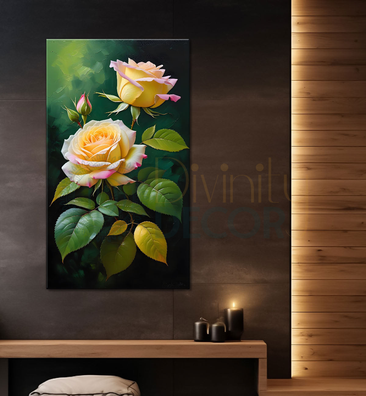 Yellow flowers in green textured background painting- Flower-V-289