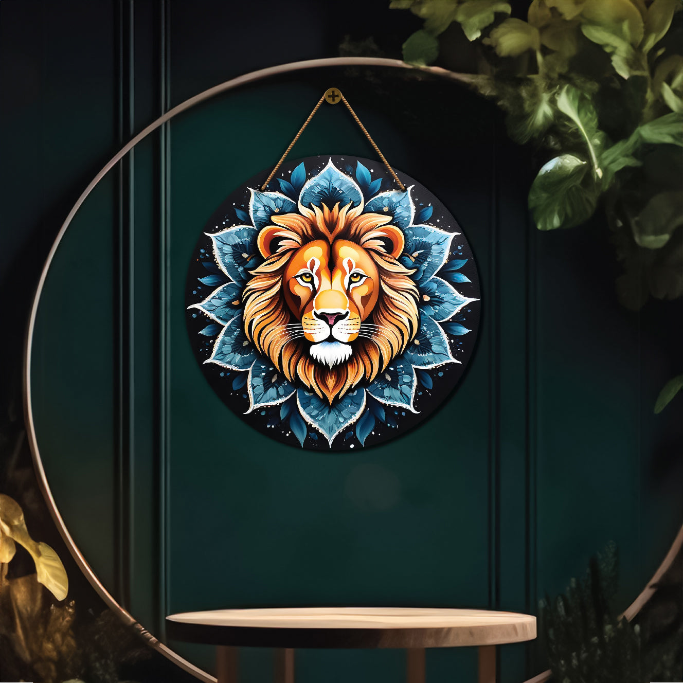 Lion in blue mandala Round Wooden Wall Hanging for wall Décor - Design - 289