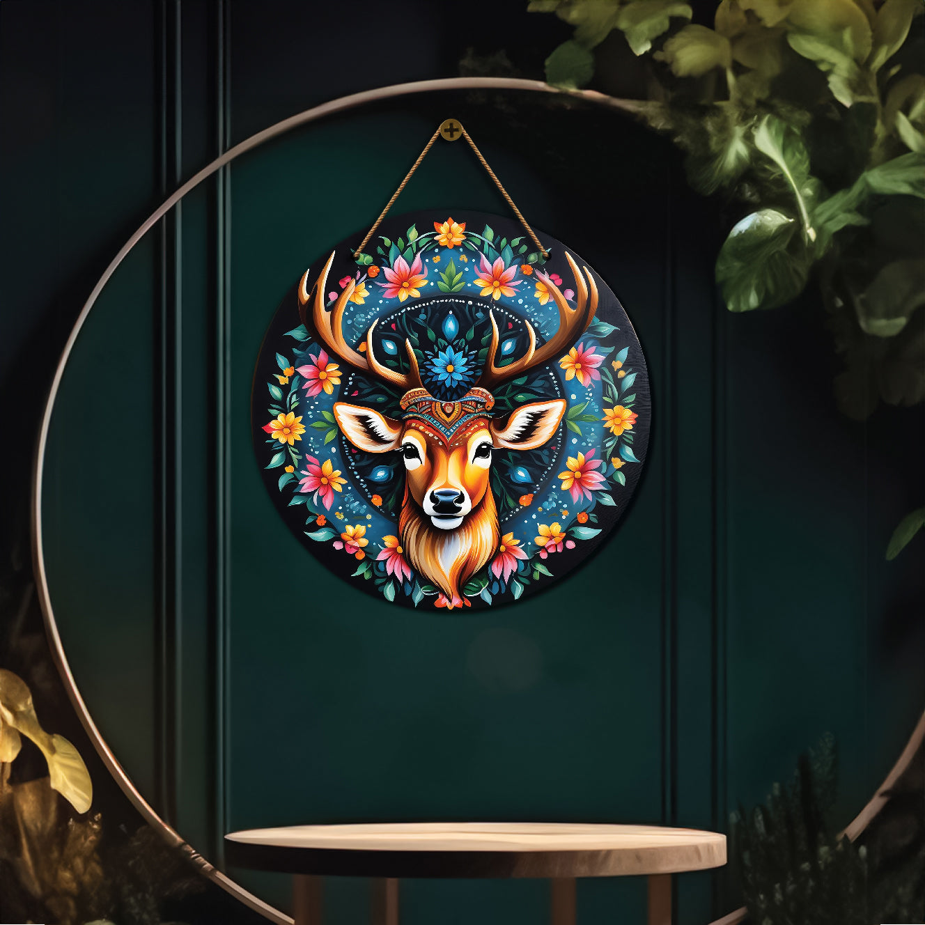Deer in blue and floral mandala Round Wooden Wall Hanging for wall Décor - Design - 290