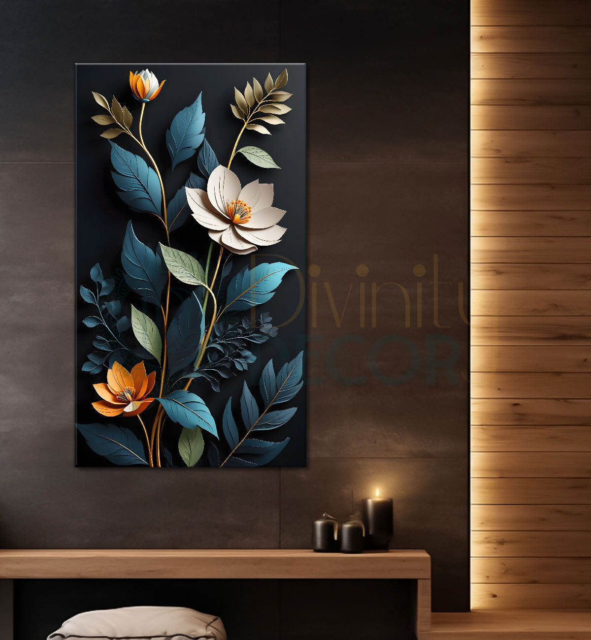 White flower in dark textured background painting- Flower-V-290