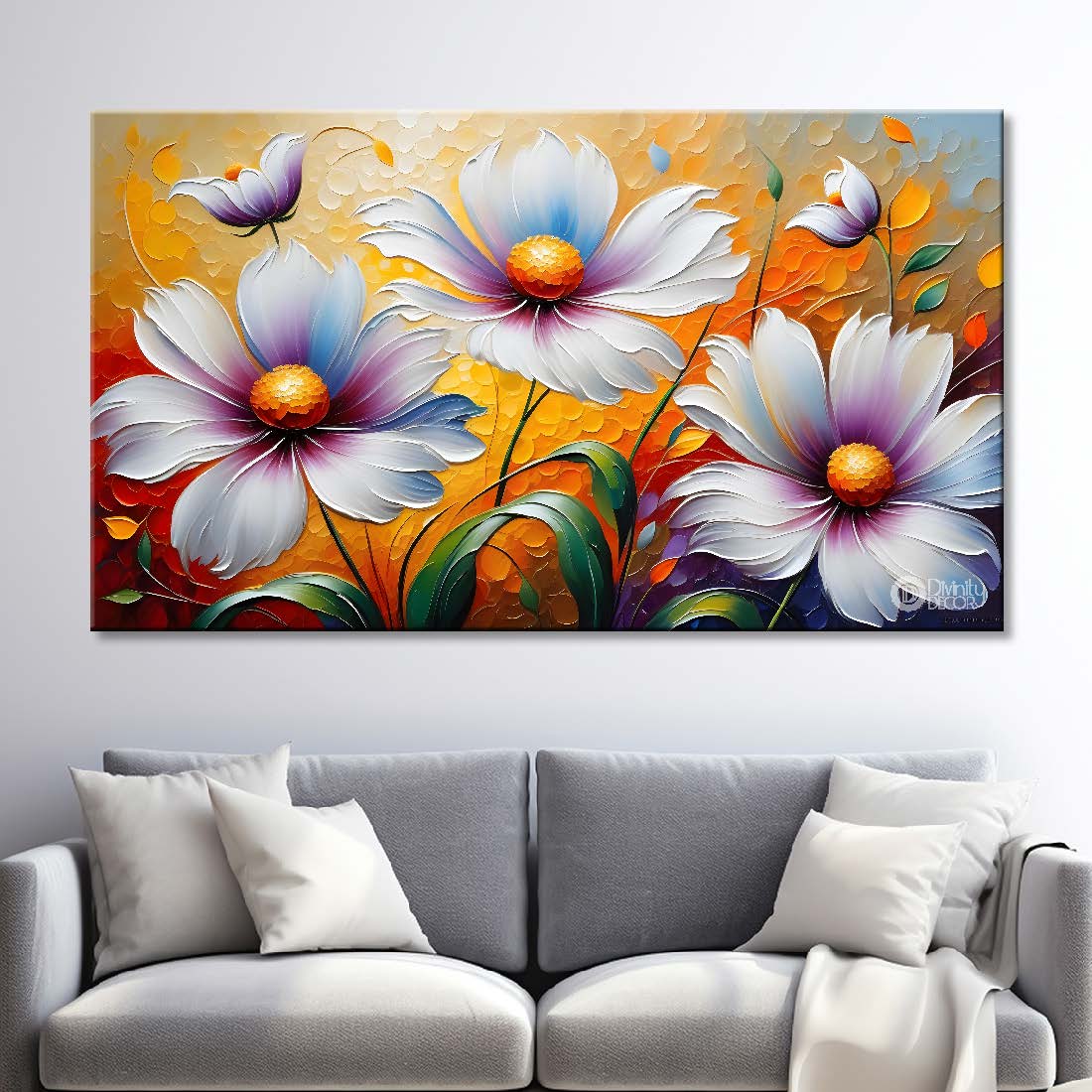 White flowers in yellow background canvas painting- Flower-291