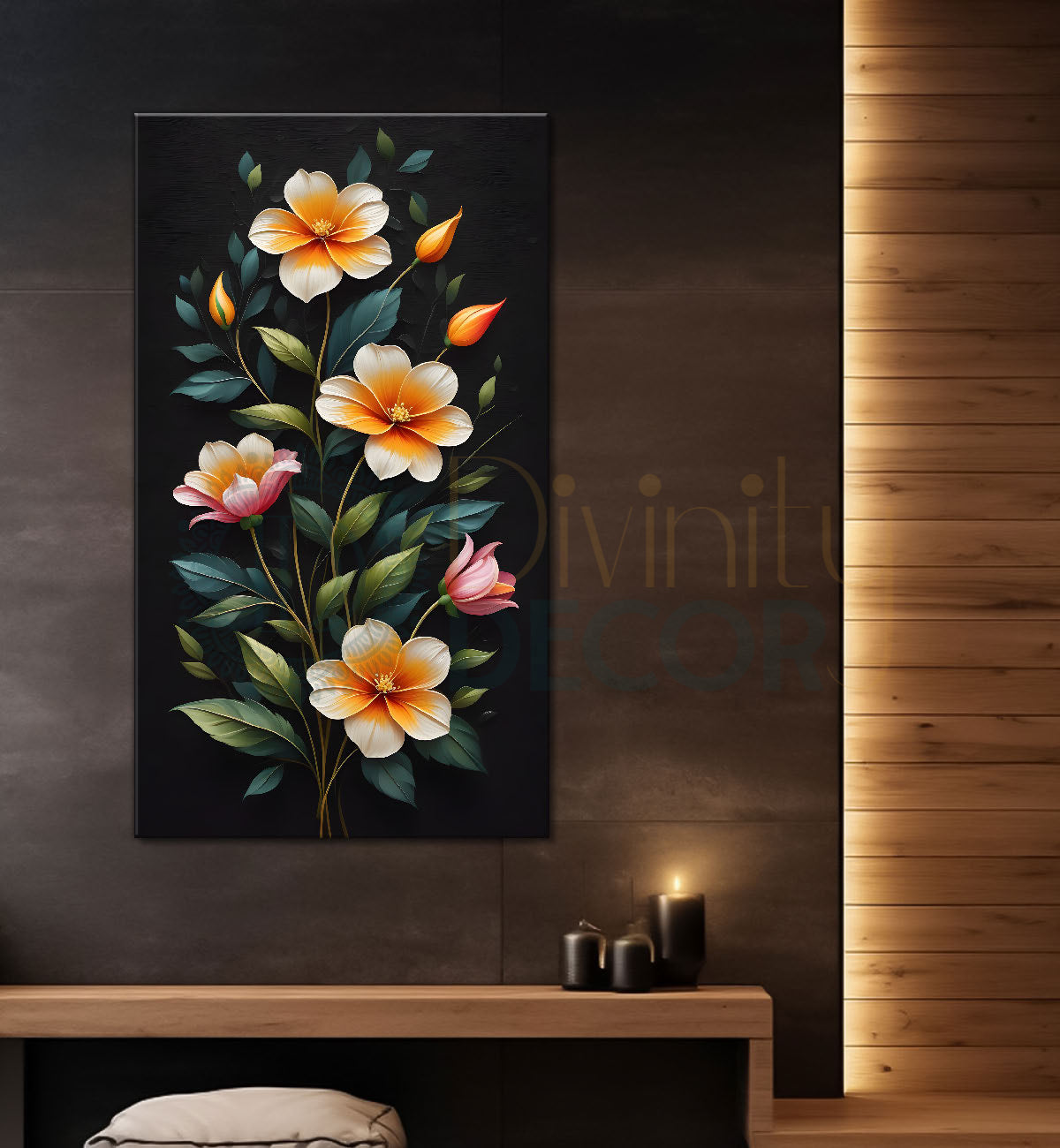 Orange flowers in dark textured painting- Flower-V-291